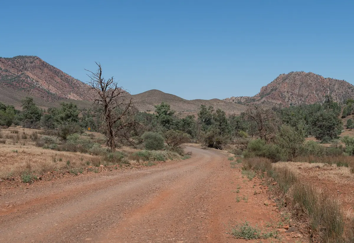 Brachina Gorge Road between red hills